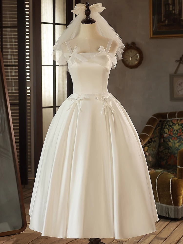 A-Line/Princess Spaghetti Straps Sleeveless Tea-Length Pleated Wedding Dresses with Bows & Lace-up Ivory