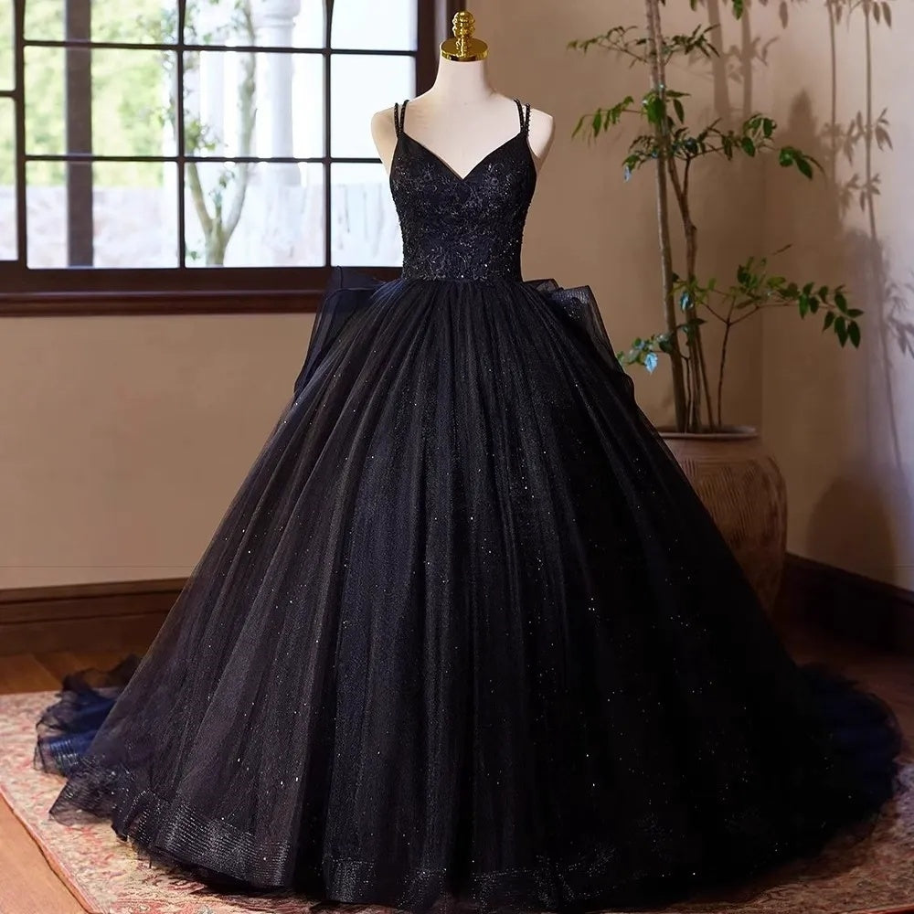 Ball Gown Double Spaghetti Straps Floor-Length Black Wedding Dresses with Criss-cross Lace-up Black