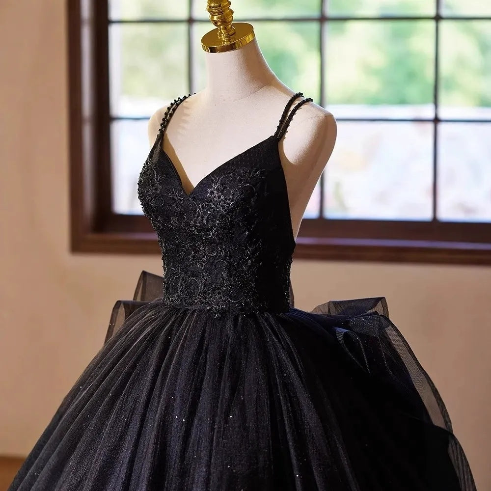 Ball Gown Double Spaghetti Straps Floor-Length Black Wedding Dresses with Criss-cross Lace-up