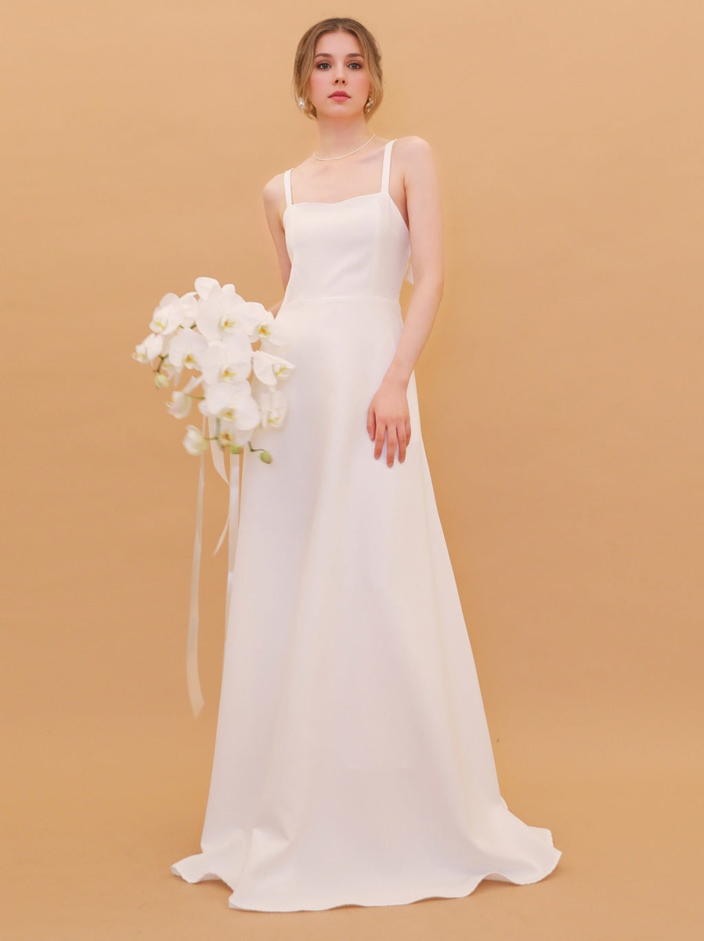 A-Line/Princess Spaghetti Straps Sleeveless Floor-Length Wedding Dresses with Bow White
