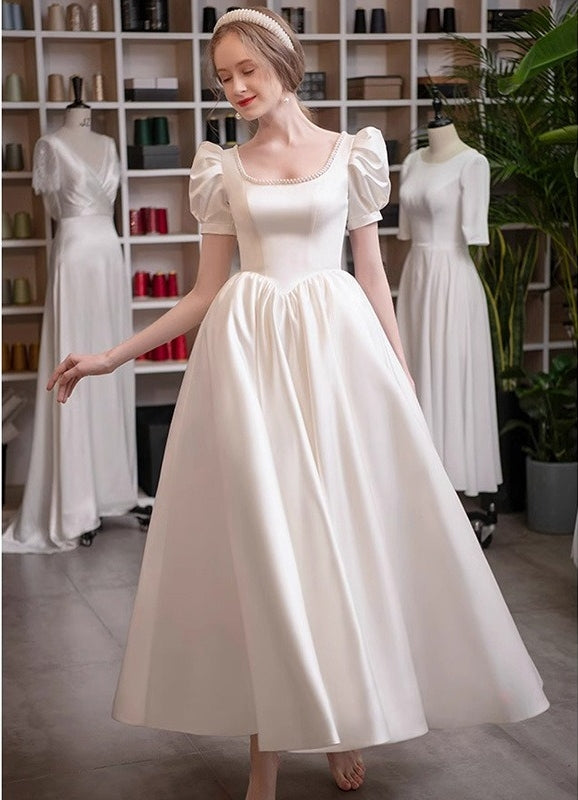 A-Line/Princess Scoop Puff Sleeves Ankle-Length Pleated Wedding Dresses with Lace-up & Pearls White
