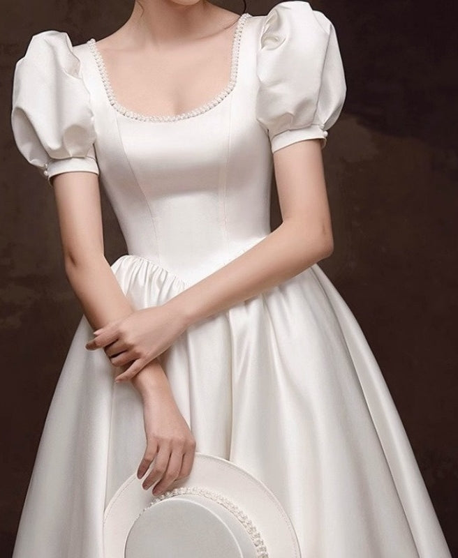 A-Line/Princess Scoop Puff Sleeves Ankle-Length Pleated Wedding Dresses with Lace-up & Pearls