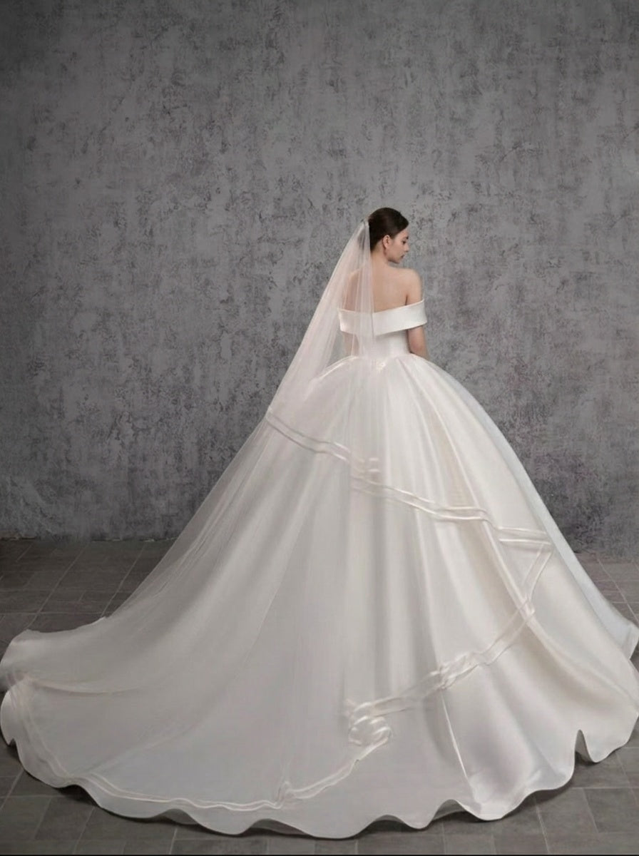 Ball Gown Off-the-Shoulder Floor-Length Wedding Dresses with Appliques & Ruffles