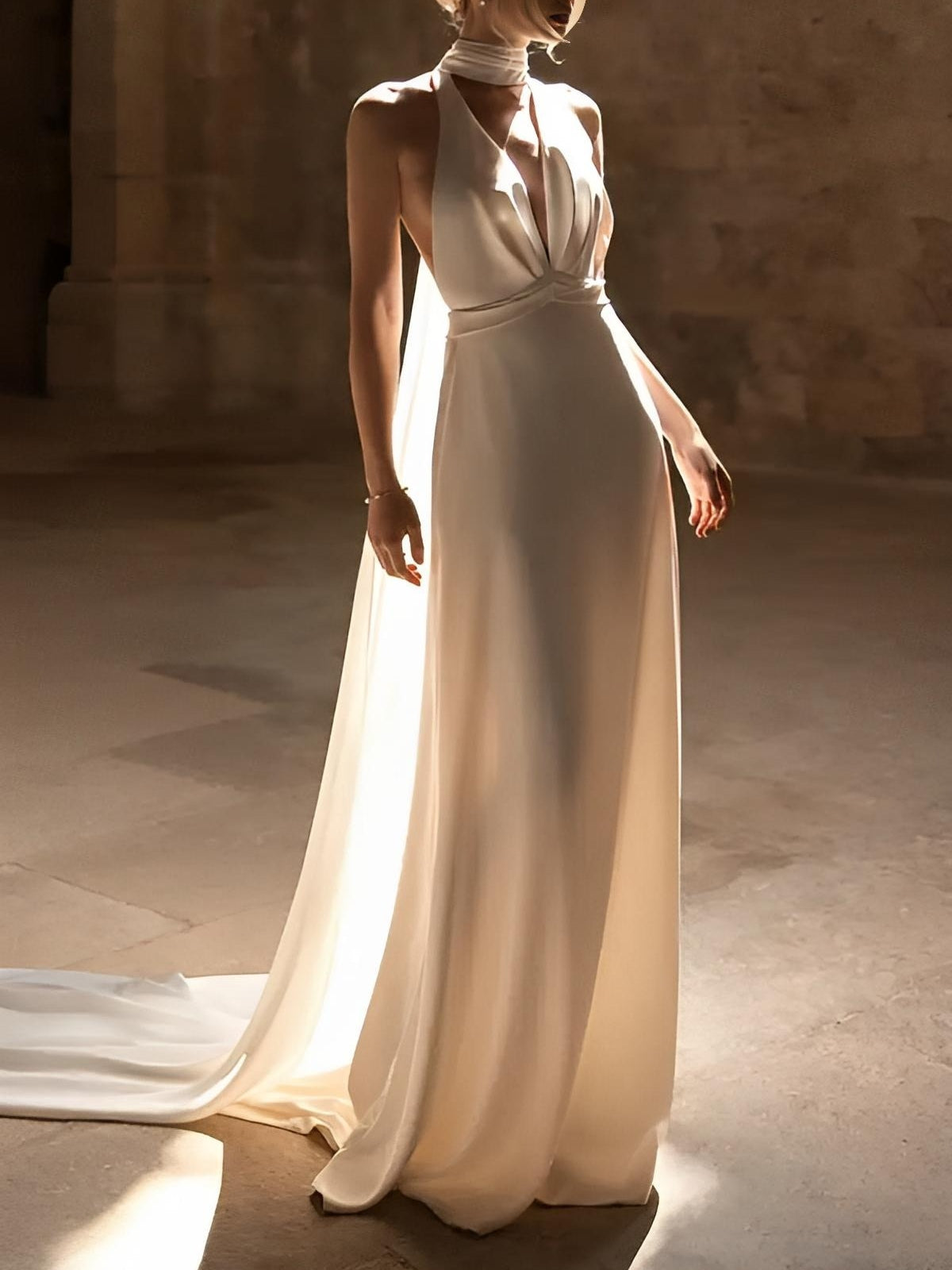 Sheath/Column Halter Sleeveless Sweep Train Ruched Wedding Dresses With Buttons Ivory