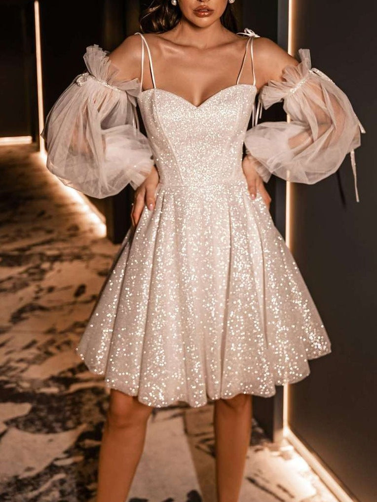 A-Line/Princess Spaghetti Straps Detachable 3/4 Sleeves Short/Mini Wedding Dresses With Sequins Champagne