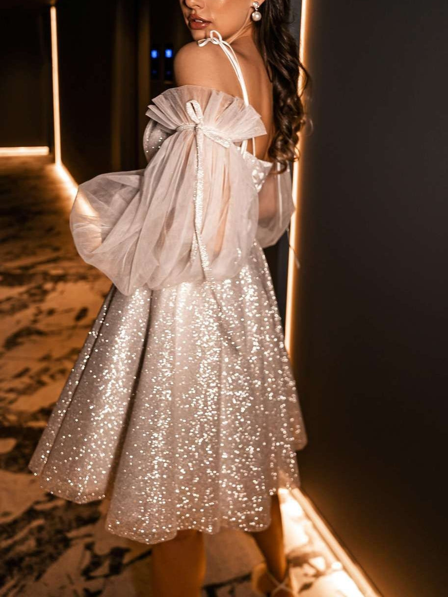 A-Line/Princess Spaghetti Straps Detachable 3/4 Sleeves Short/Mini Wedding Dresses With Sequins Rose Gold
