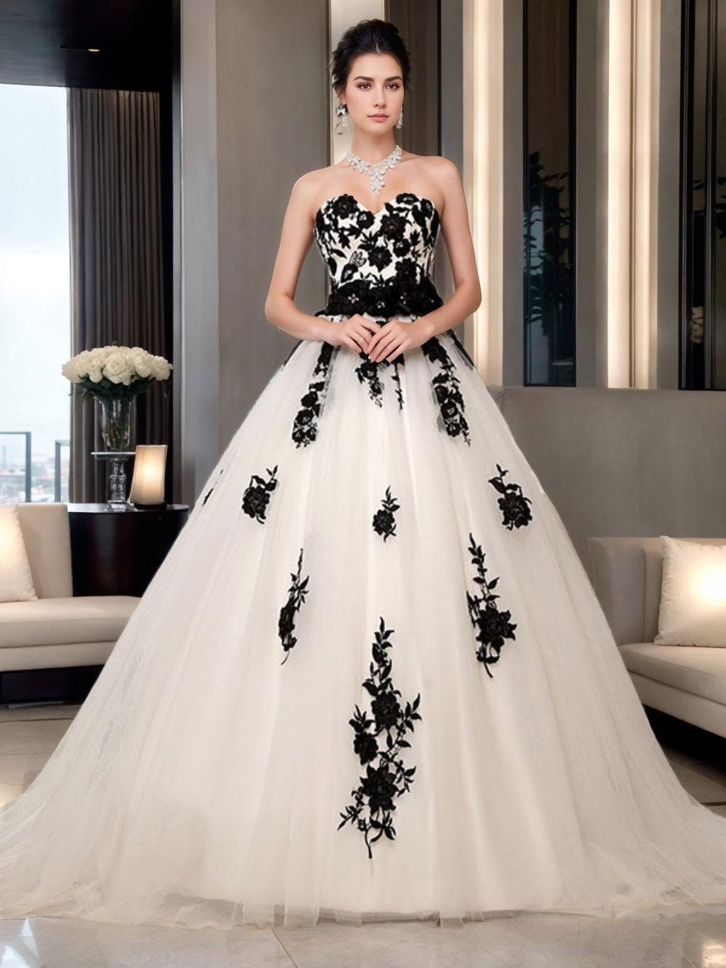 Ball Gown Sweetheart Sleeveless Sweep Train Wedding Dresses with Lace Appliques & Bow As Pic