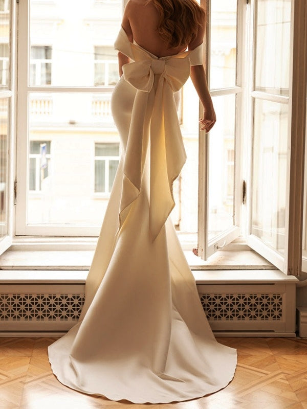 Trumpet/Mermaid Off-The-Shoulder Sleeveless Sweep Train Wedding Dresses With Bow Black