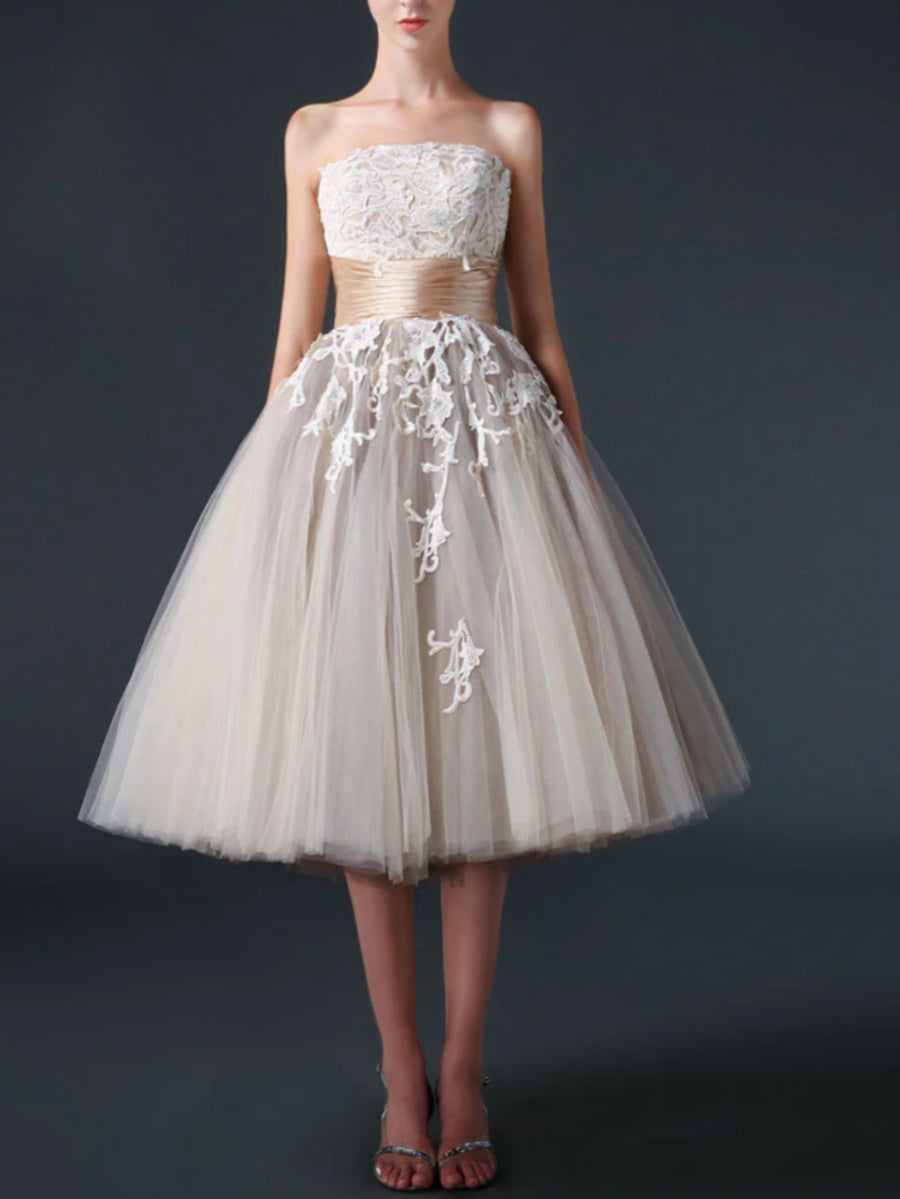 Ball Gown Strapless Lace Tulle Little White Dresses Ruffle Sash Wedding Dresses Tea Length Champagne