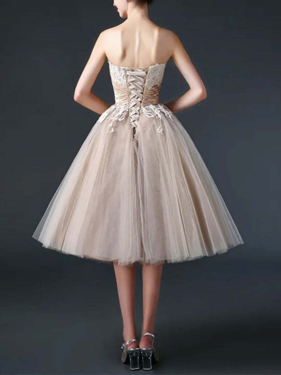 Ball Gown Strapless Lace Tulle Little White Dresses Ruffle Sash Wedding Dresses Tea Length Ivory
