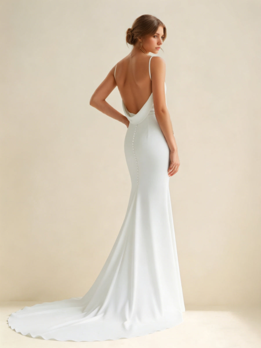 Trumpet/Mermaid Spaghetti Straps Silk Satin Wedding Dresses V-Neck Floor-Length Sweep Train Champagne
