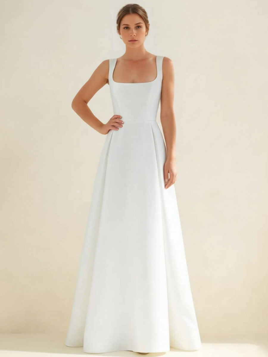 A-Line/Princess Square Neck Satin Wedding Dresses Floor-Length Sleeveless White White