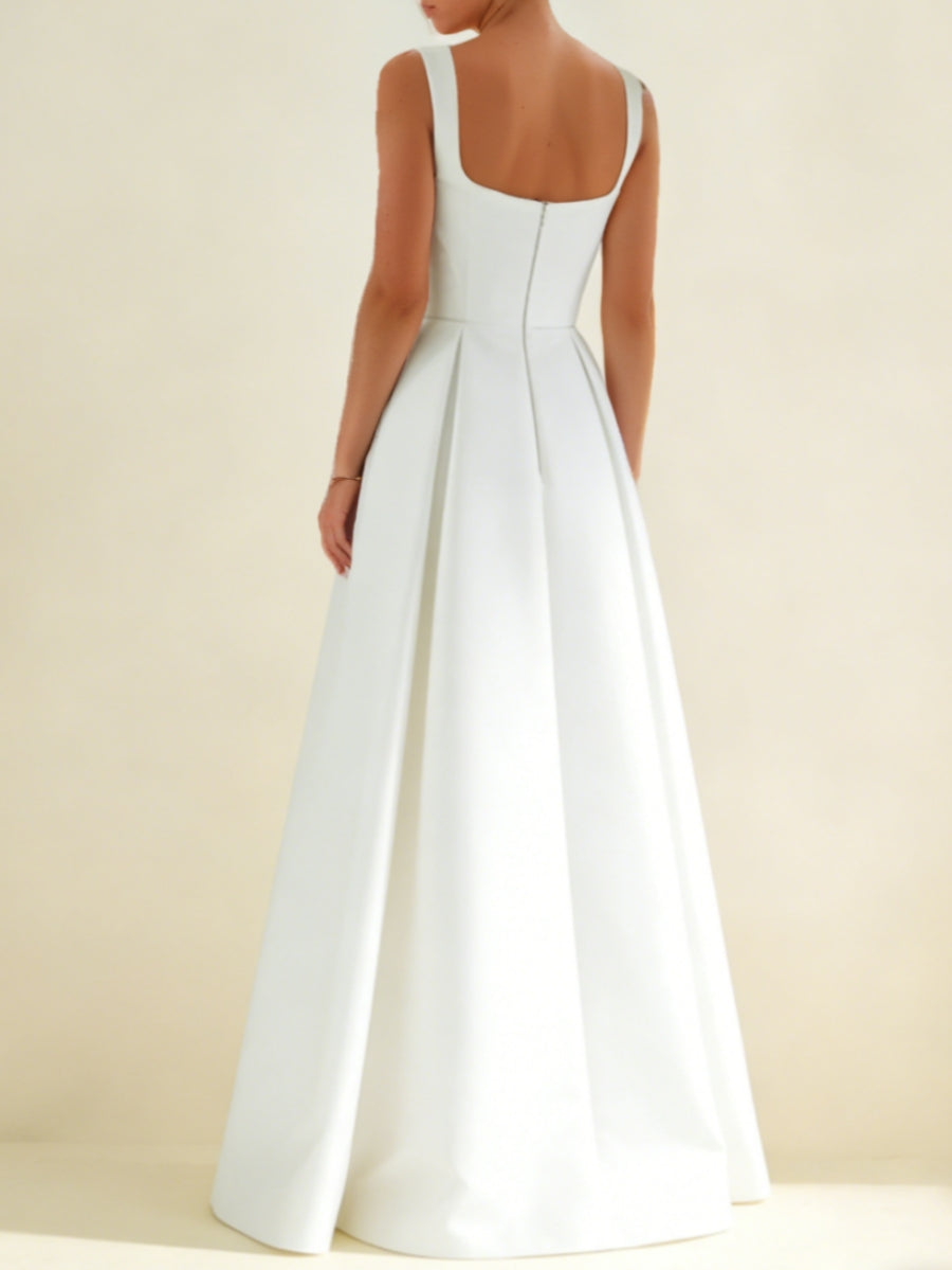 A-Line/Princess Square Neck Satin Wedding Dresses Floor-Length Sleeveless White Champagne