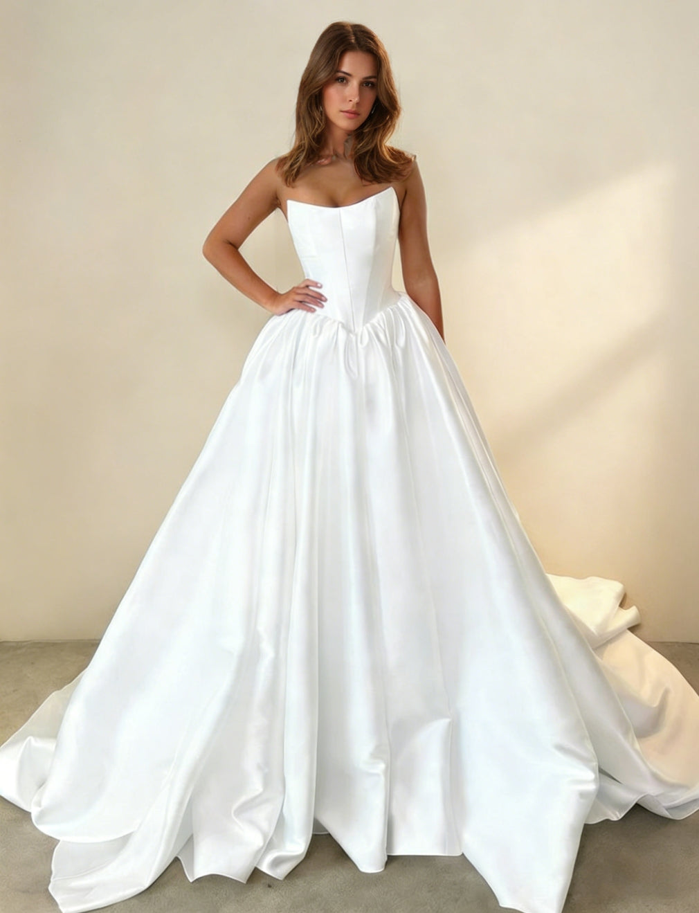 A-Line/Princess Strapless Satin Wedding Dresses Floor-Length Sweep Train Ball Gown Ruffles White