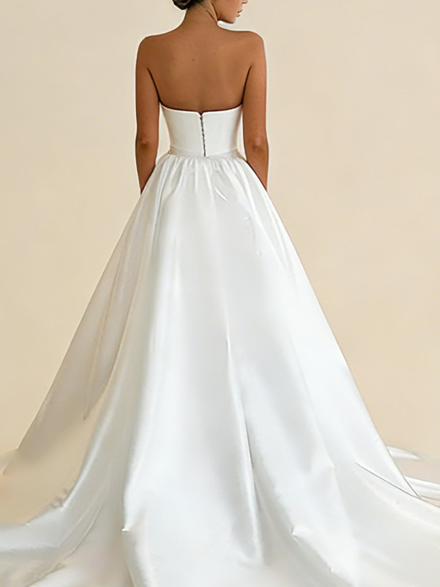 A-Line/Princess Strapless Satin Wedding Dresses Floor-Length Sweep Train Ball Gown Ruffles Champagne