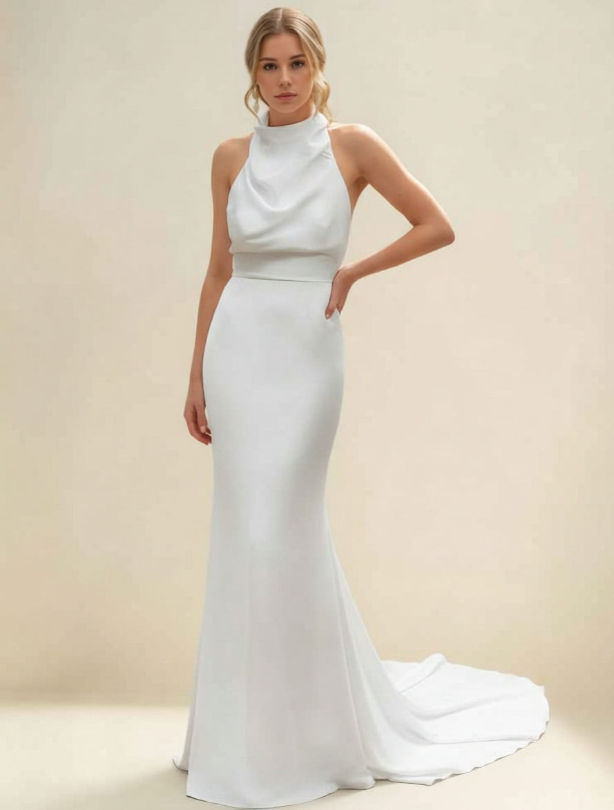 Trumpet/Mermaid Halter Satin Wedding Dresses Floor-Length Sweep Train Sleeveless White