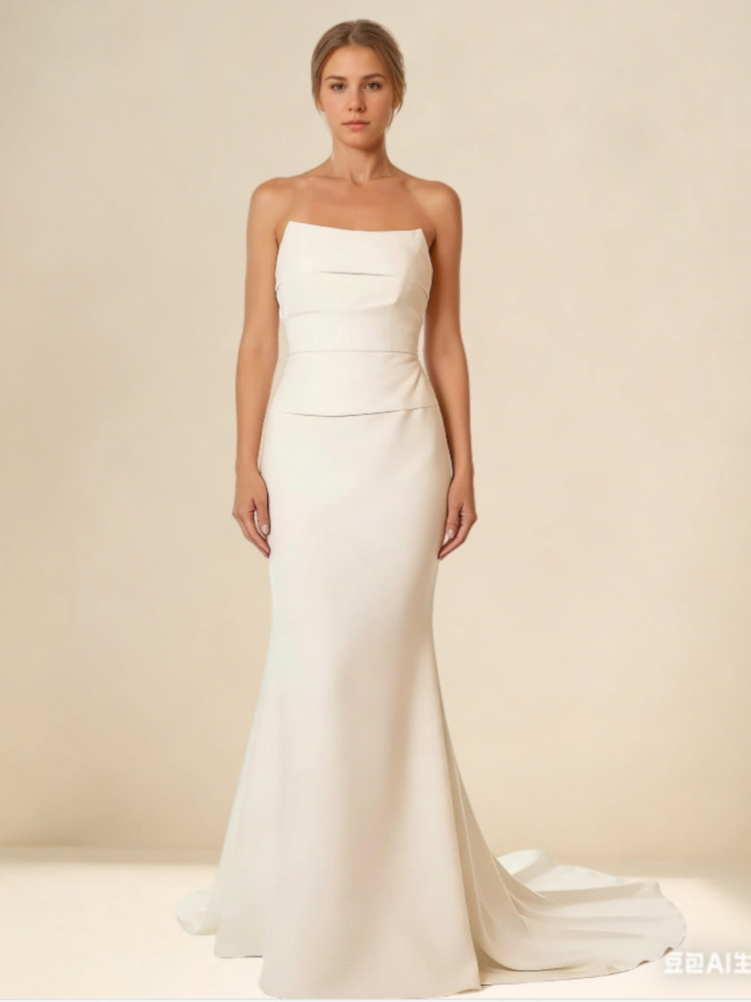 Trumpet/Mermaid Strapless Silk Satin Wedding Dresses Floor-Length Sweep Train Lace-Up Ruched White