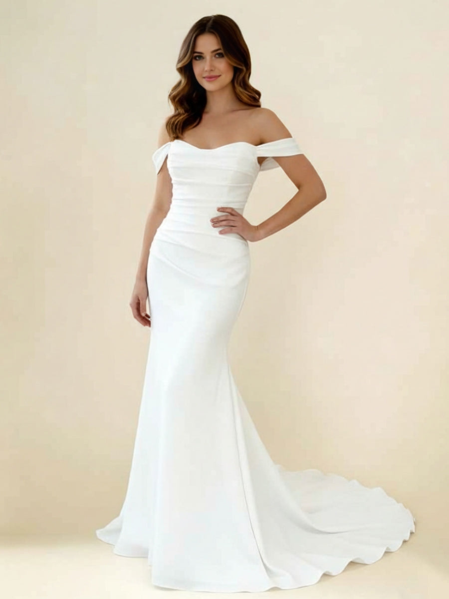 Trumpet/Mermaid Off-the-Shoulder Chiffon Wedding Dresses Floor-Length Sweep Train Sleeveless Ruched White
