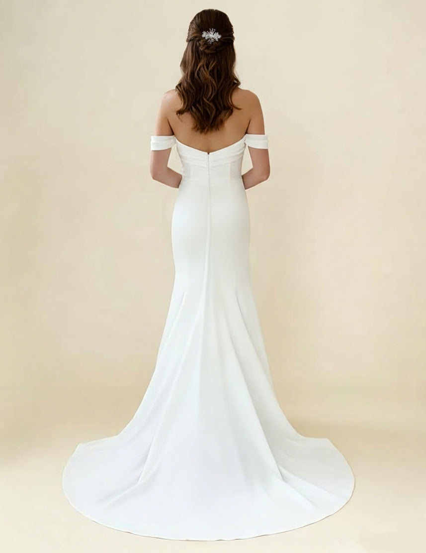 Trumpet/Mermaid Off-the-Shoulder Chiffon Wedding Dresses Floor-Length Sweep Train Sleeveless Ruched Champagne