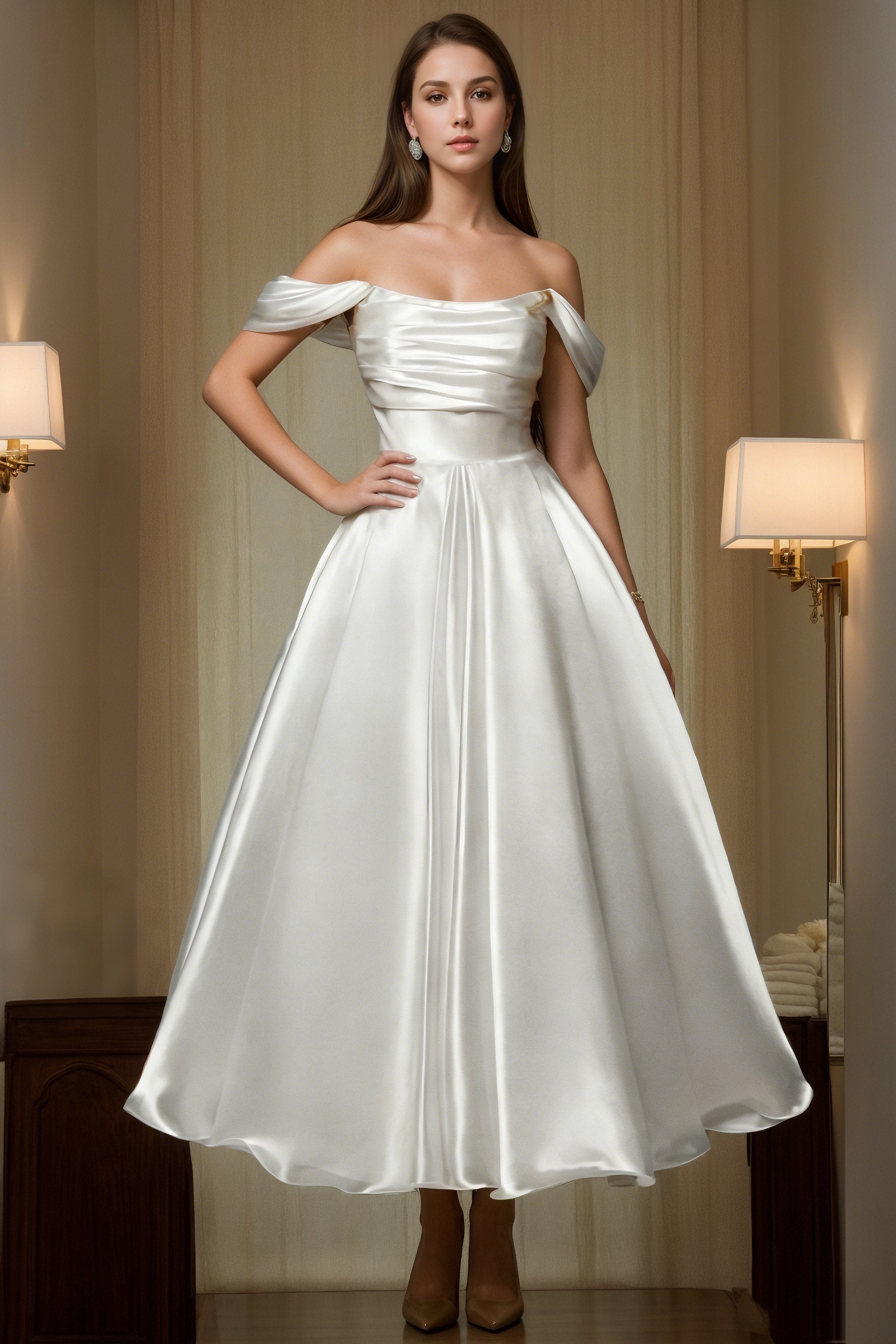 A-Line/Princess Off-the-Shoulder Silk Satin Wedding Dresses Ankle-Length Sleeveless Ruched White