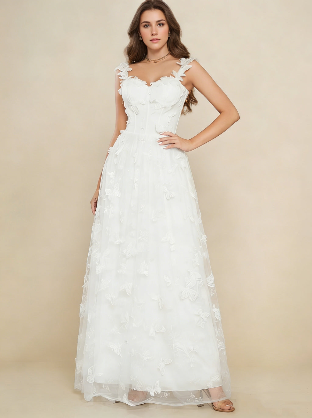 A-Line/Princess Sweetheart Wedding Dresses Lace 3D Butterfly Floor-Length Sleeveless Ivory