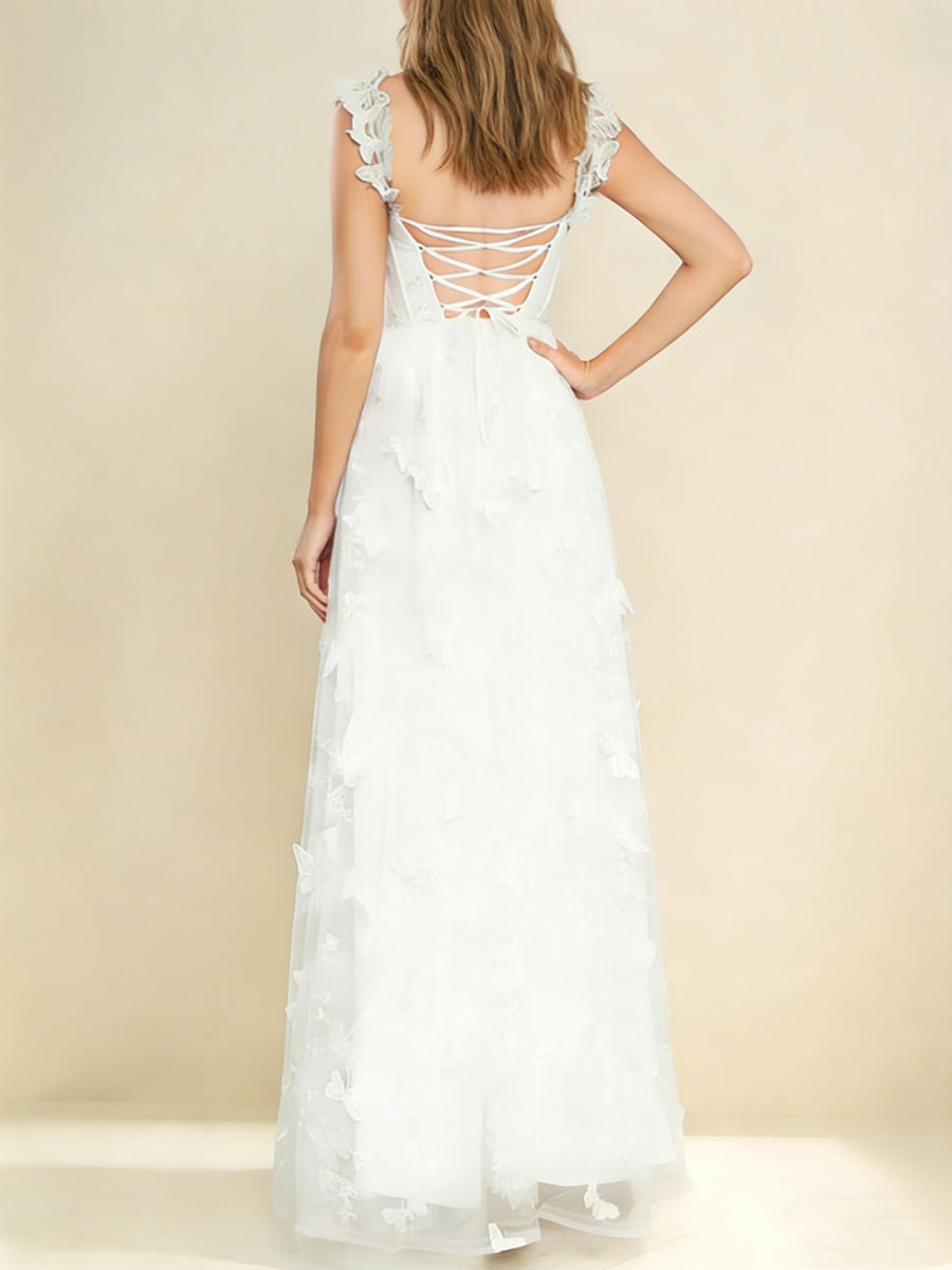 A-Line/Princess Sweetheart Wedding Dresses Lace 3D Butterfly Floor-Length Sleeveless White