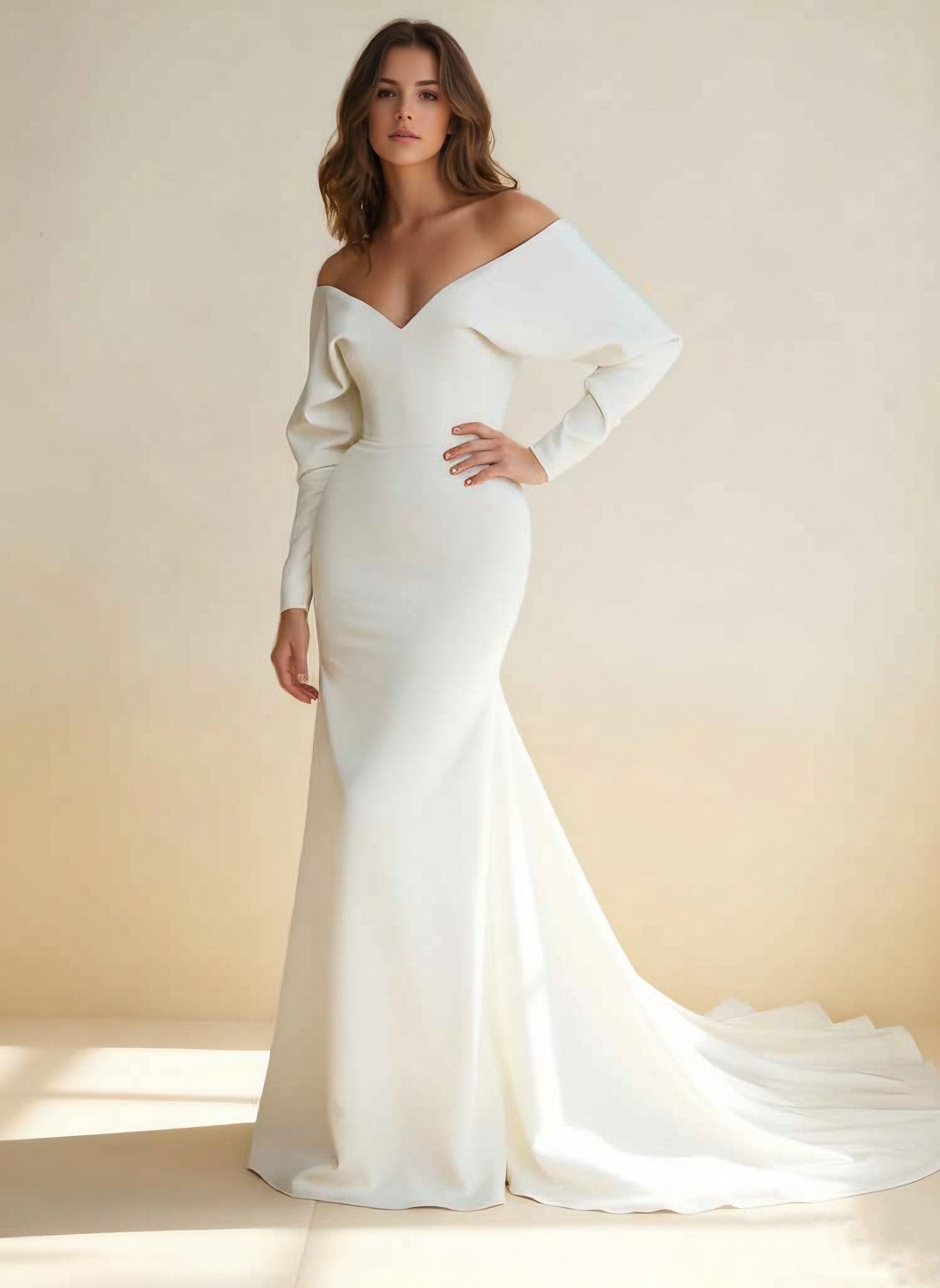 Trumpet/Mermaid Off-the-Shoulder Stretch Satin Wedding Dresses Plunge Neck Floor-Length Court Train Long Sleeves Ivory