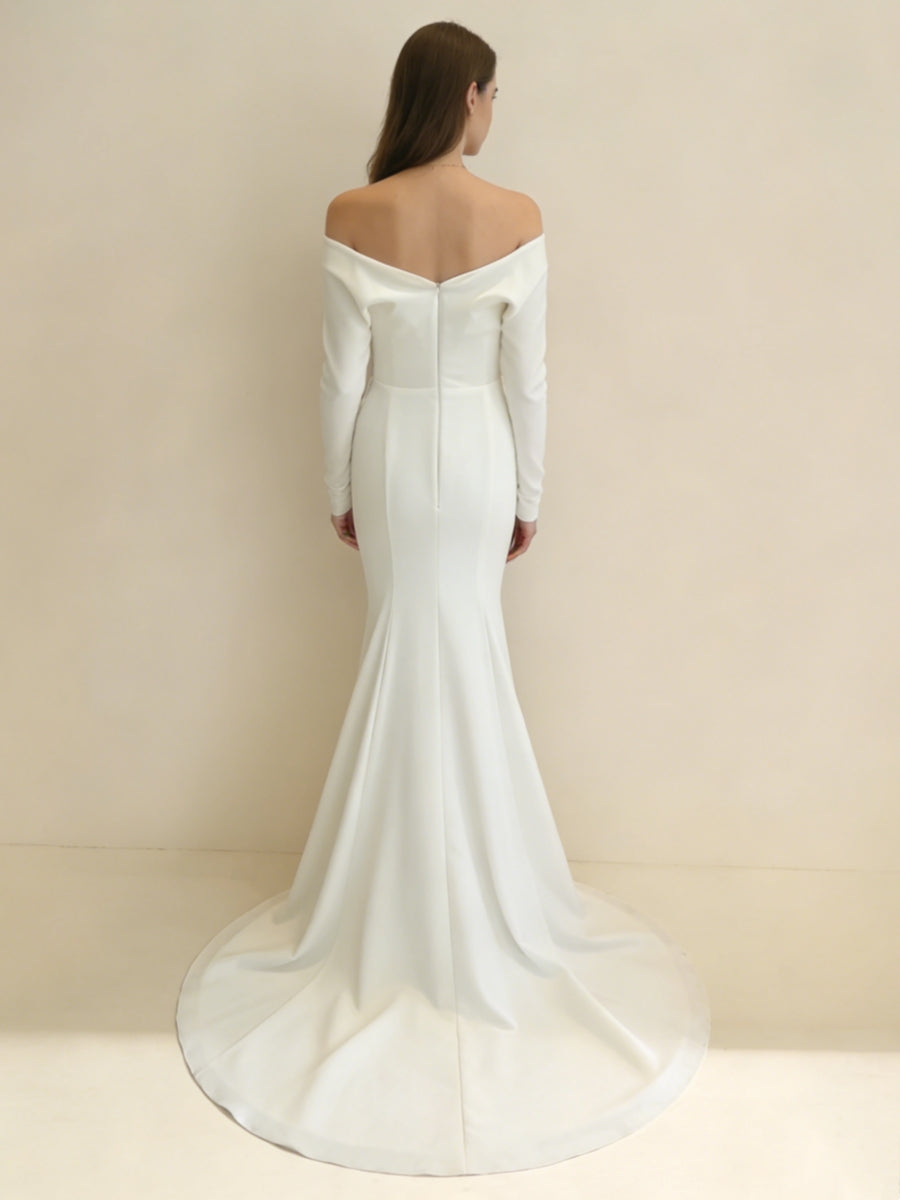 Trumpet/Mermaid Off-the-Shoulder Stretch Satin Wedding Dresses Plunge Neck Floor-Length Court Train Long Sleeves White