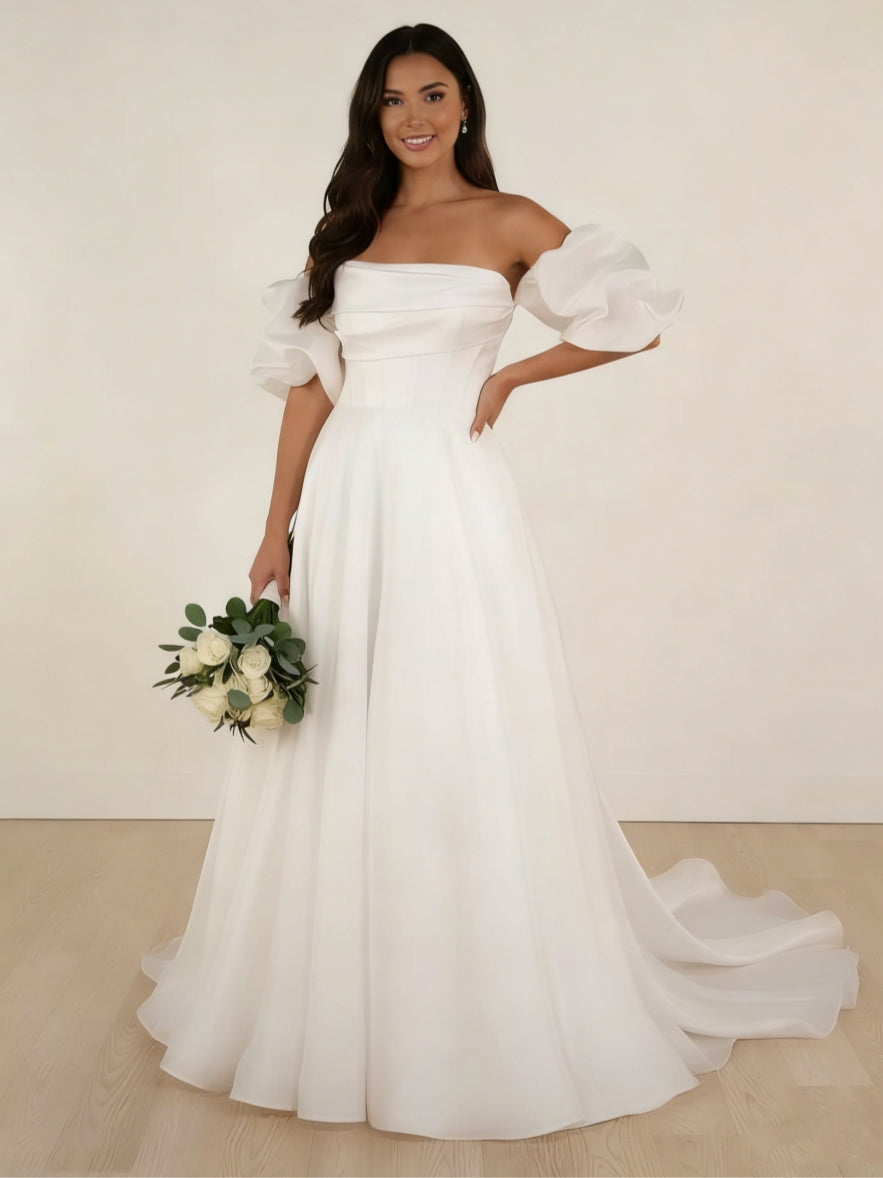 A-Line/Princess Off-the-Shoulder Satin Wedding Dresses Floor-Length Court Train Detachable Sleeves Ruched Ivory