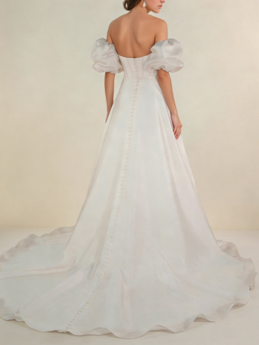 A-Line/Princess Off-the-Shoulder Satin Wedding Dresses Floor-Length Court Train Detachable Sleeves Ruched White