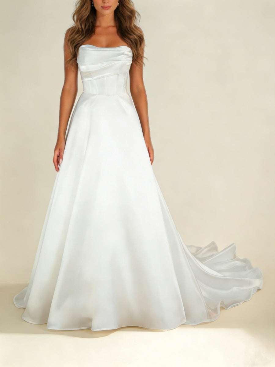 A-Line/Princess Off-the-Shoulder Satin Wedding Dresses Floor-Length Court Train Detachable Sleeves Ruched Champagne