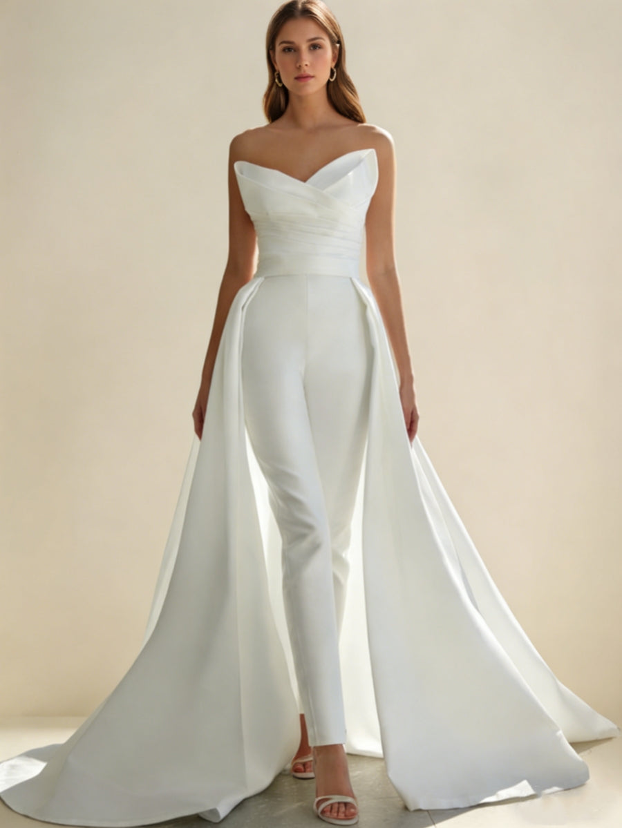 Jumpsuit/Pantsuit Sweetheart Satin Wedding Dresses Sleeveless Detachable Overskirt With Bow Ivory