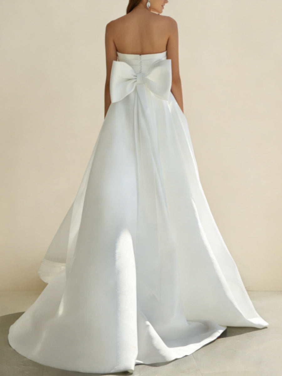 Jumpsuit/Pantsuit Sweetheart Satin Wedding Dresses Sleeveless Detachable Overskirt With Bow White