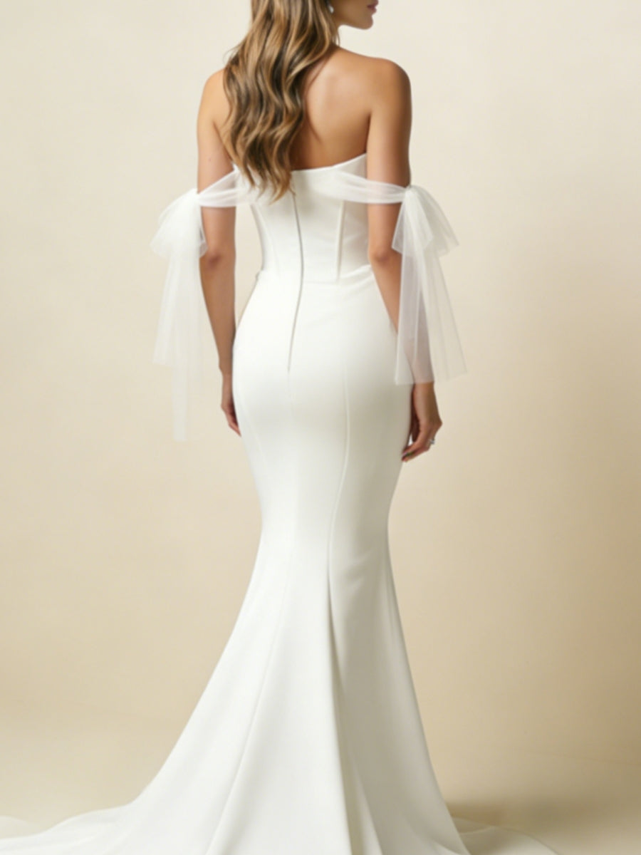 Trumpet/Mermaid Off-the-Shoulder Stretch Satin Wedding Dresses Sleeveless Floor-Length Sweep Train Ruched Ivory