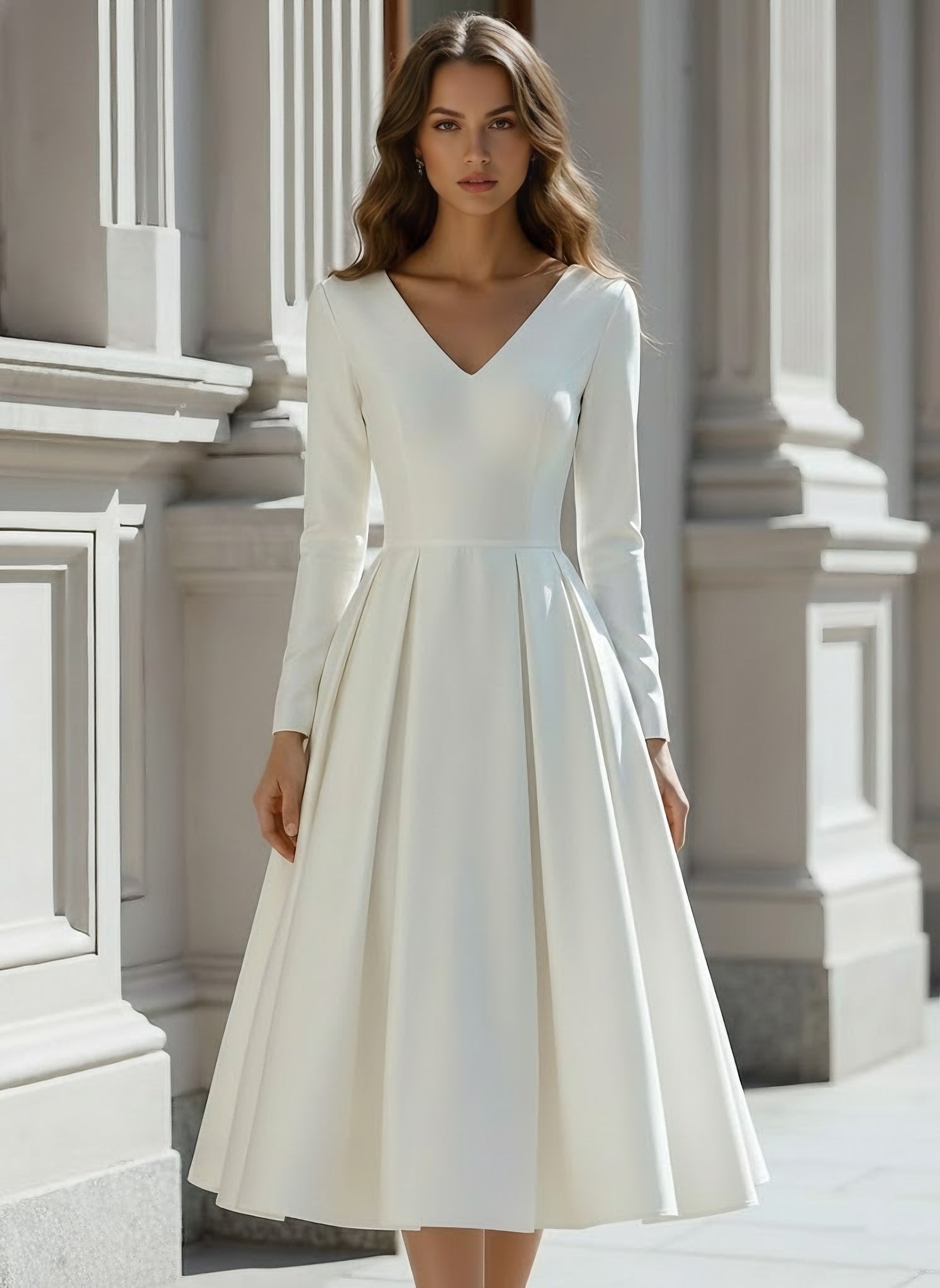 A-Line/Princess V-Neck Satin Wedding Dress Tea-length Long Sleeves Ivory
