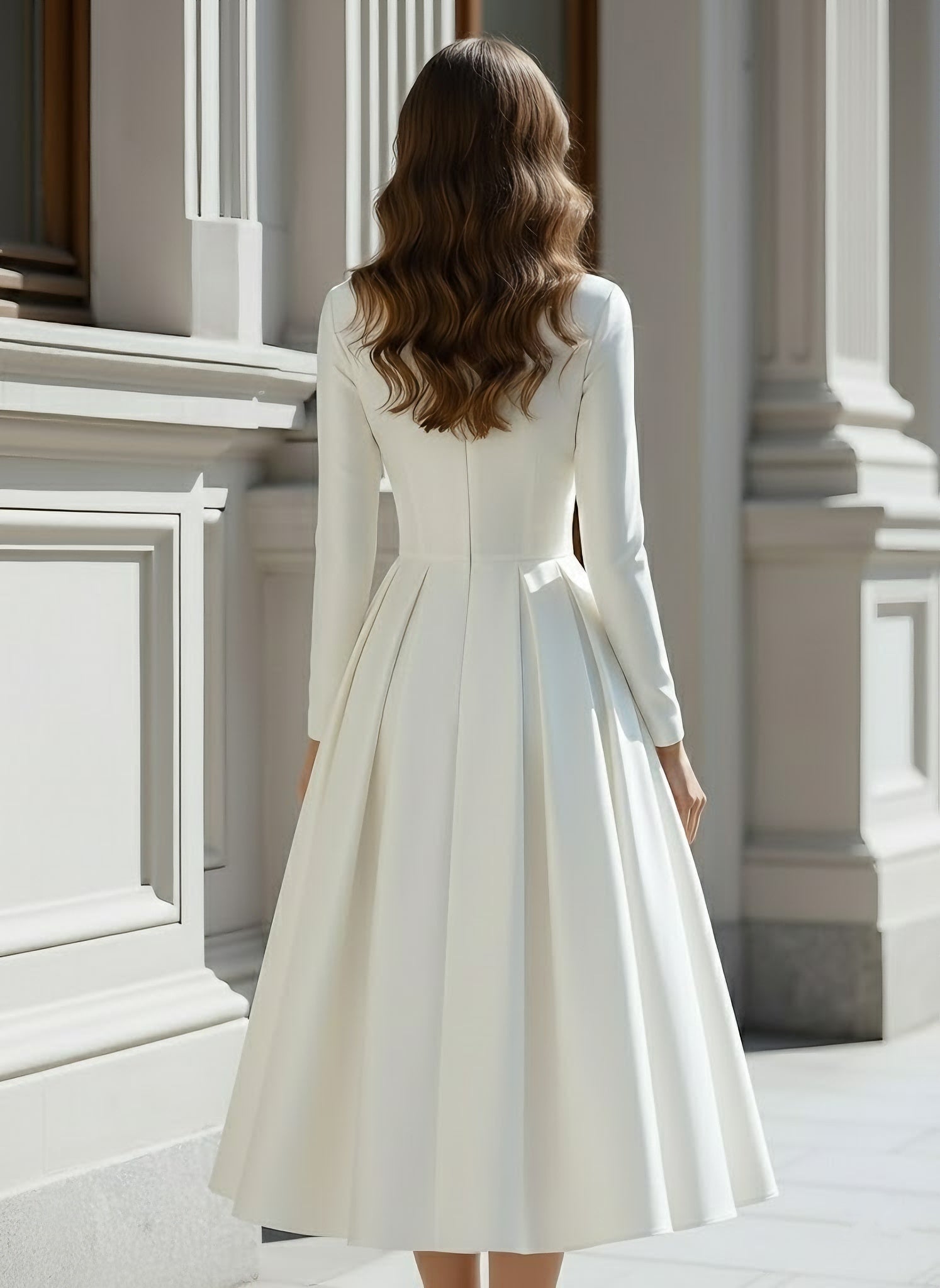 A-Line/Princess V-Neck Satin Wedding Dress Tea-length Long Sleeves