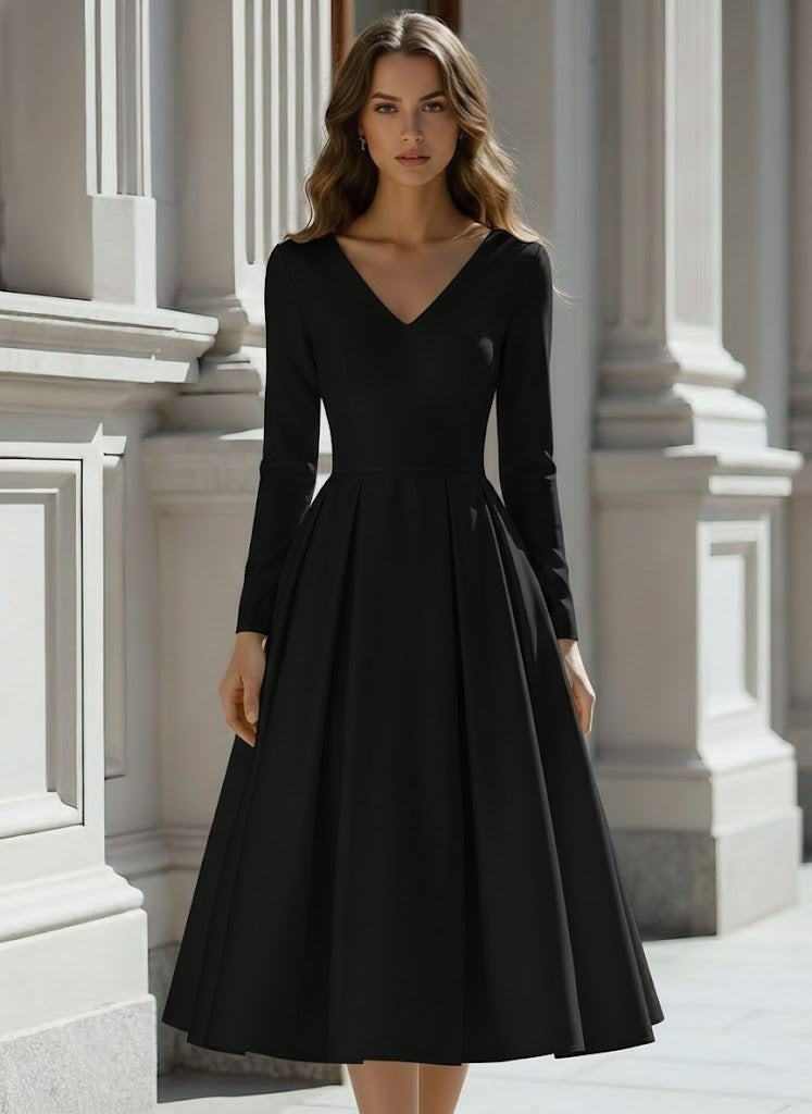 A-Line/Princess V-Neck Satin Wedding Dress Tea-length Long Sleeves Black