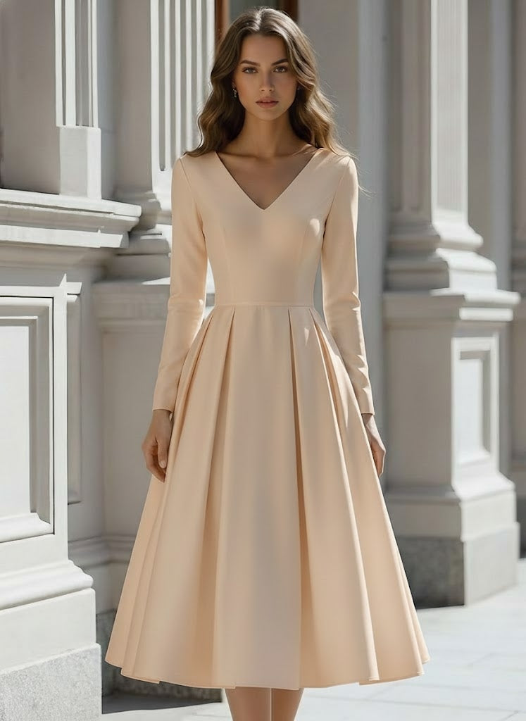 A-Line/Princess V-Neck Satin Wedding Dress Tea-length Long Sleeves Champagne
