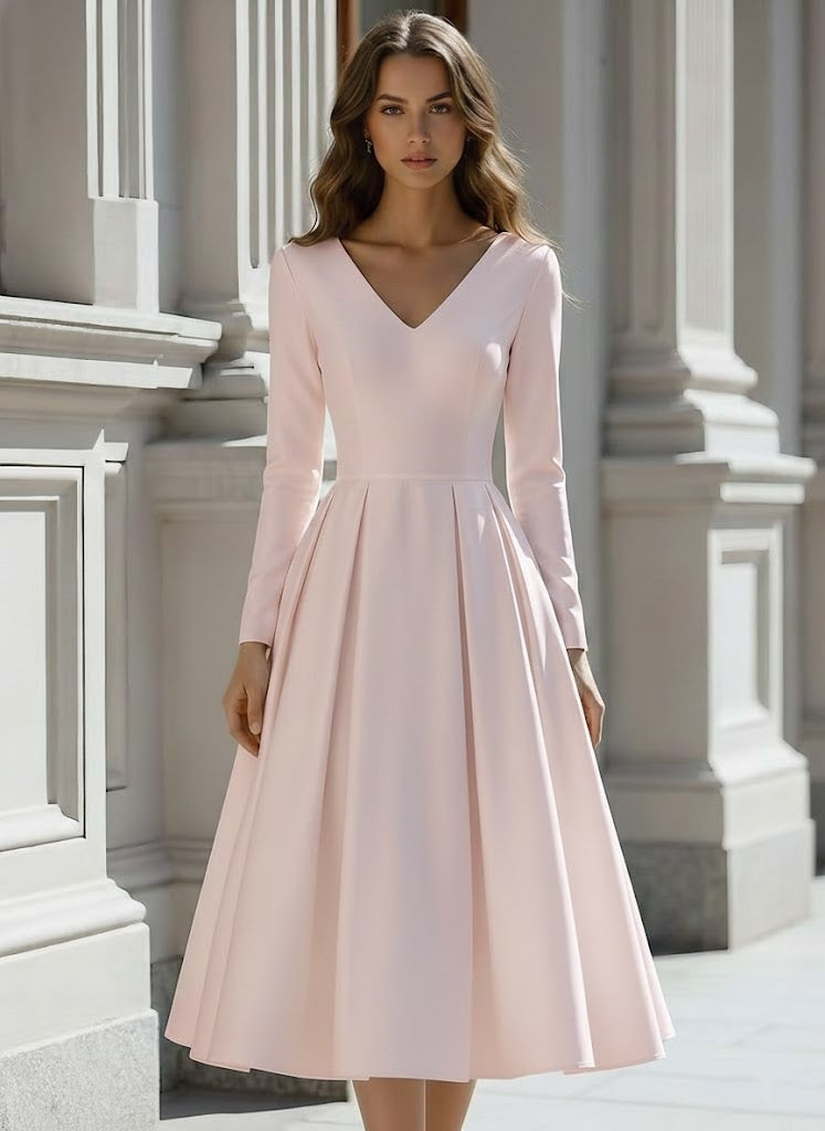 A-Line/Princess V-Neck Satin Wedding Dress Tea-length Long Sleeves Pink