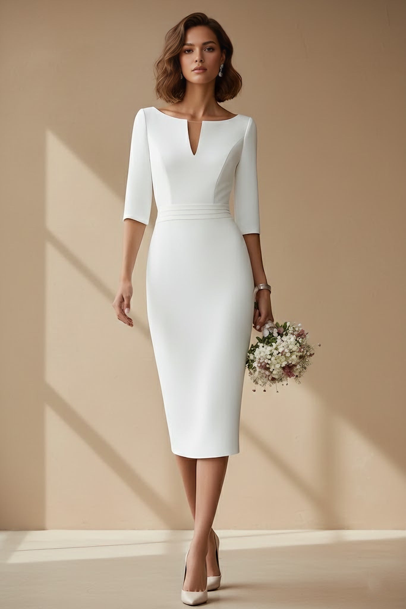 Sheath/Column Cowl Neck Satin Wedding Dress Tea-length Half Sleeves Sash Ivory
