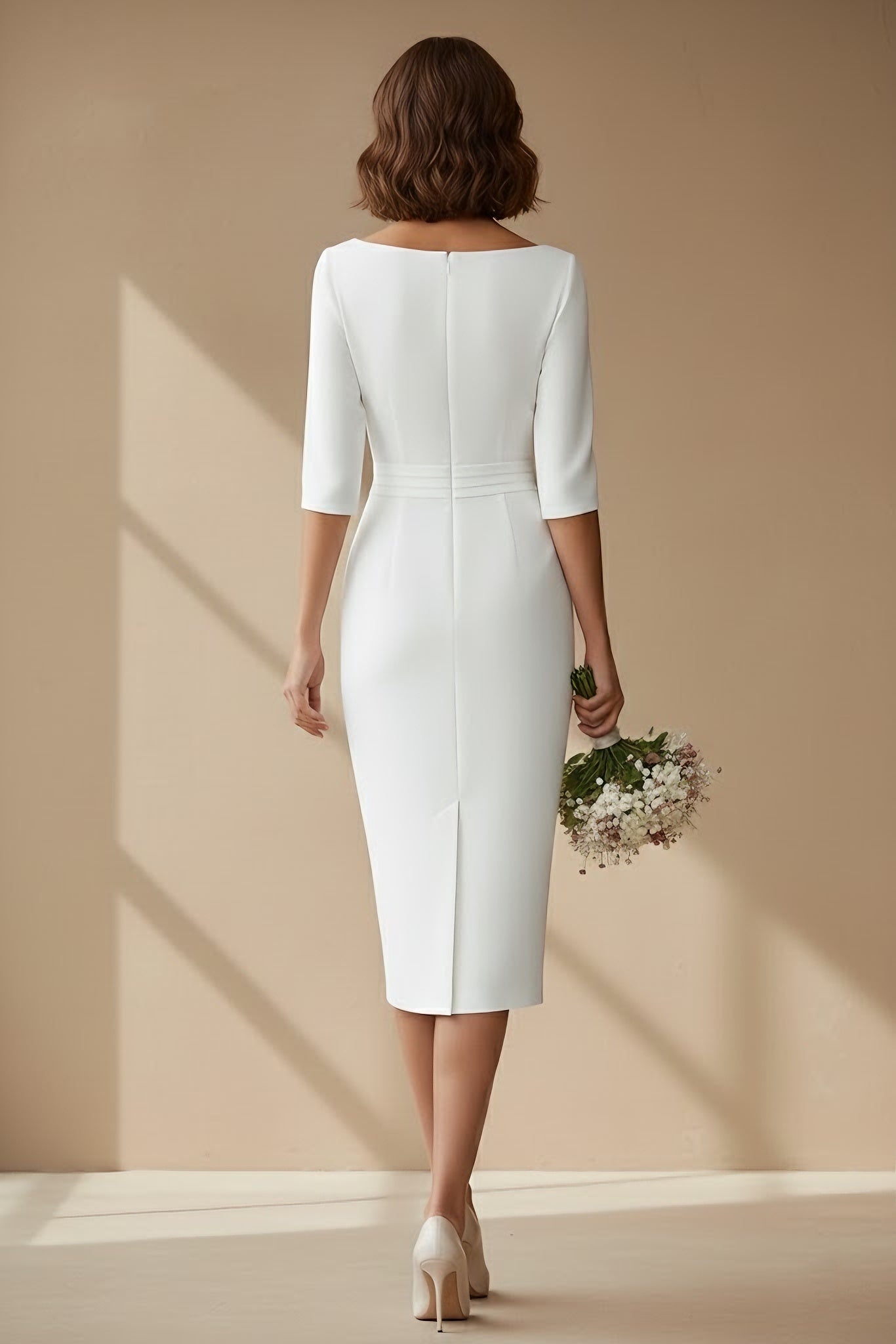 Sheath/Column Cowl Neck Satin Wedding Dress Tea-length Half Sleeves Sash