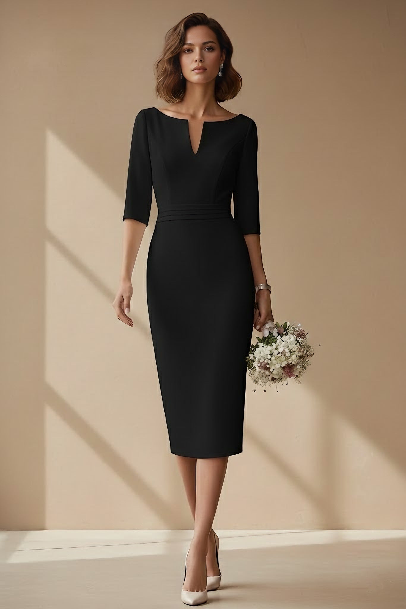 Sheath/Column Cowl Neck Satin Wedding Dress Tea-length Half Sleeves Sash Black