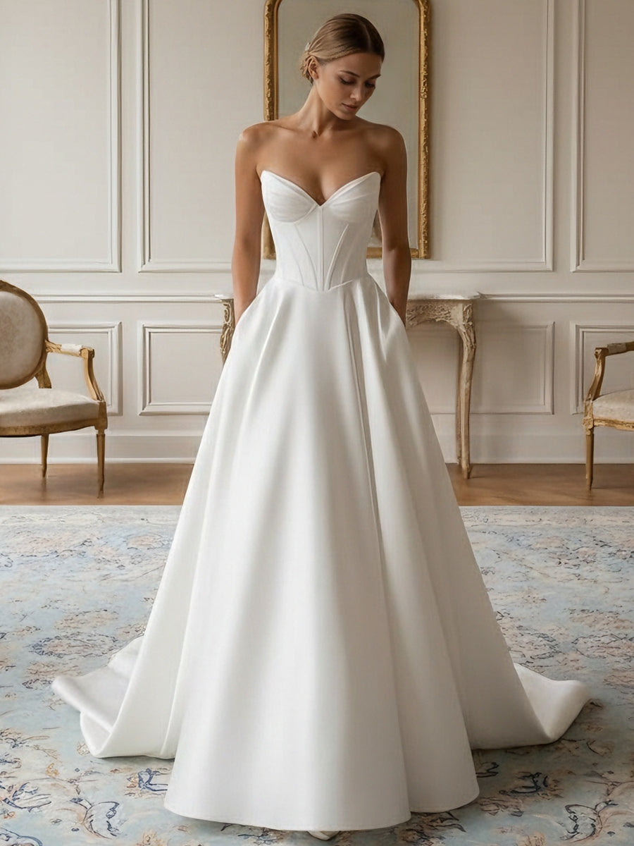 A-Line/Princess Strapless Wedding Dress Satin Floor-Length Sweep Train Ivory