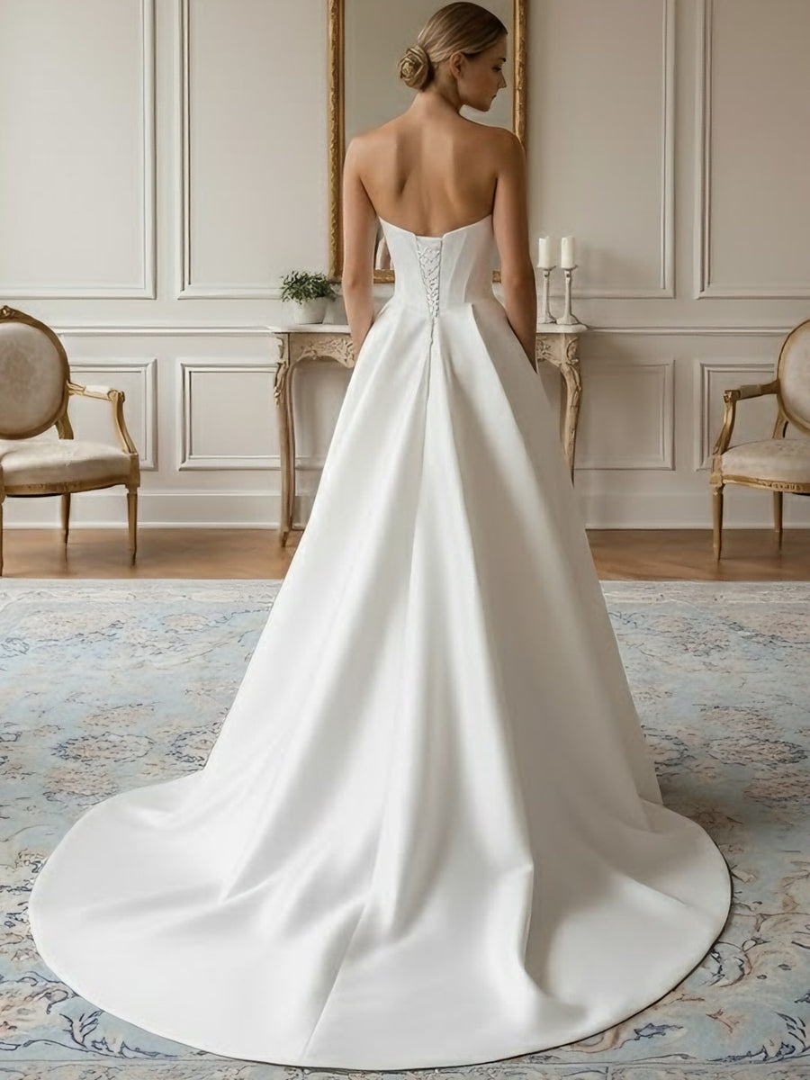 A-Line/Princess Strapless Wedding Dress Satin Floor-Length Sweep Train White