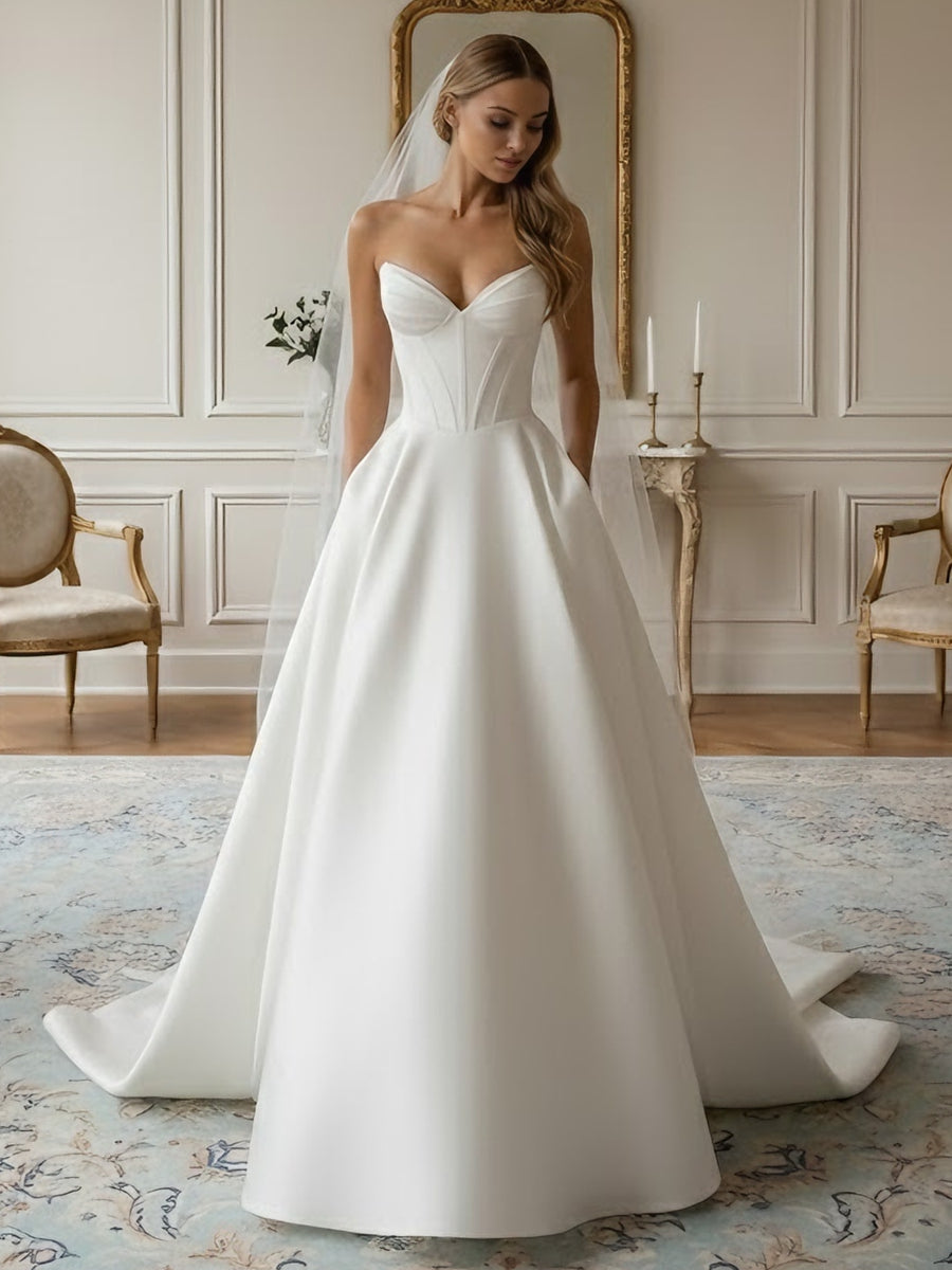 A-Line/Princess Strapless Wedding Dress Satin Floor-Length Sweep Train Champagne