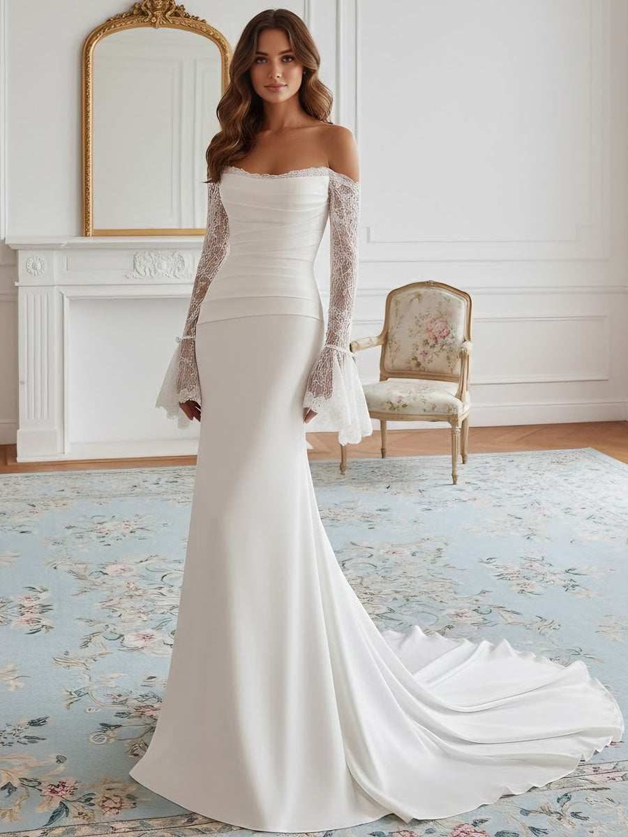 Trumpet/Mermaid Strapless Wedding Dress Silk Satin Floor-Length Sweep Train Lace Long Sleeves Ivory