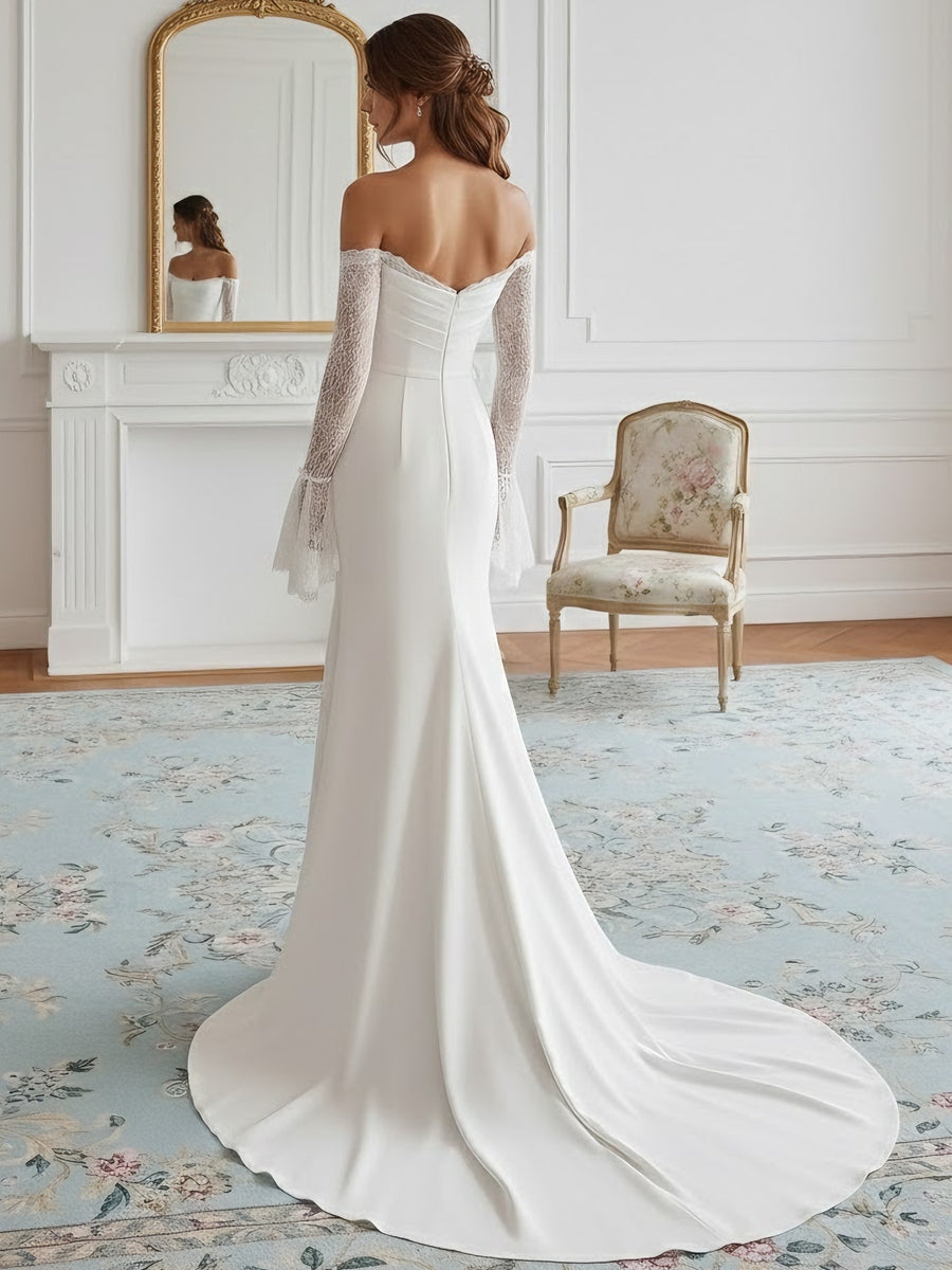 Trumpet/Mermaid Strapless Wedding Dress Silk Satin Floor-Length Sweep Train Lace Long Sleeves White