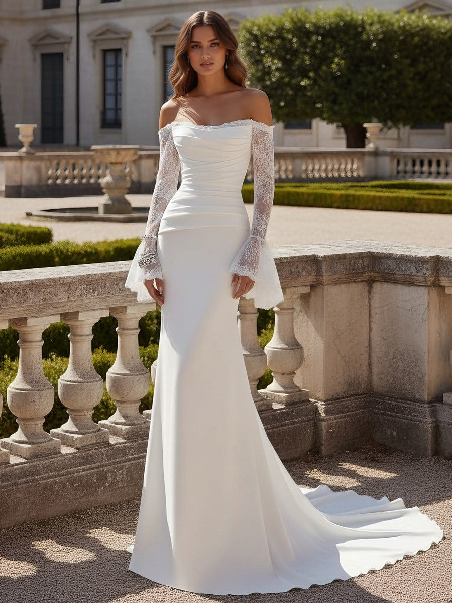 Trumpet/Mermaid Strapless Wedding Dress Silk Satin Floor-Length Sweep Train Lace Long Sleeves Champagne