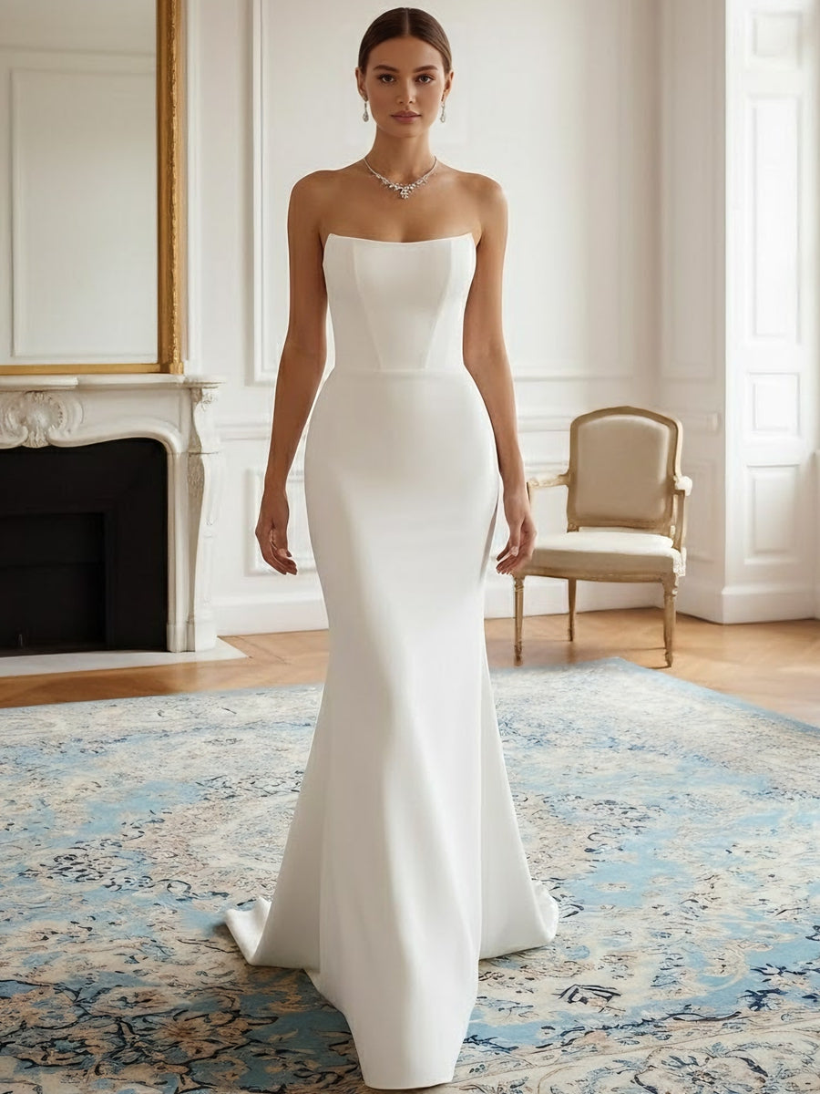 Trumpet/Mermaid Strapless Wedding Dress Satin Floor-Length Sweep Train Sleeveless Ivory