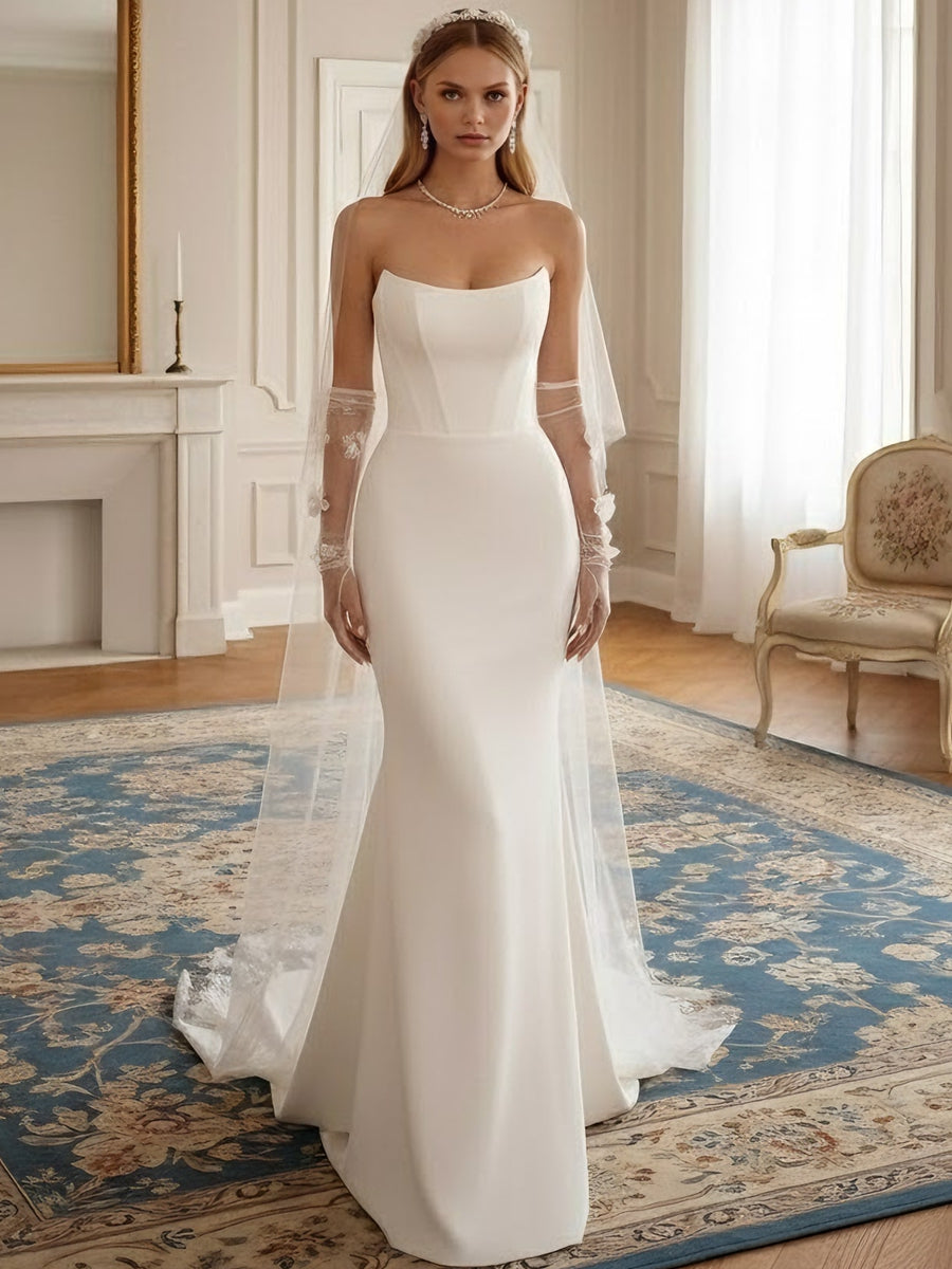 Trumpet/Mermaid Strapless Wedding Dress Satin Floor-Length Sweep Train Sleeveless Champagne